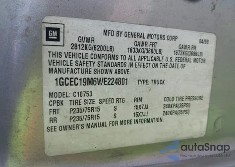 1998 Chevrolet C1500 Fleetside z USA, uszkodzony, nr VIN 1GCEC19M6WE224801